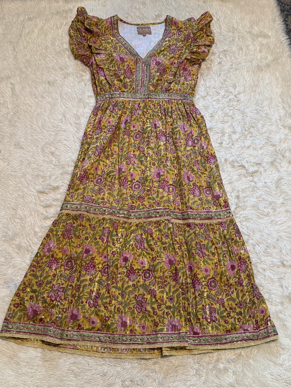 Clara The Label Floral Block Print Cotton Boho Dress - Size Large